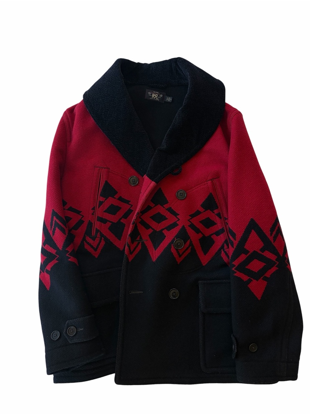 Ralph Lauren Double RL Red & Black Geometric Knit Shawl-Collar Peacoat
